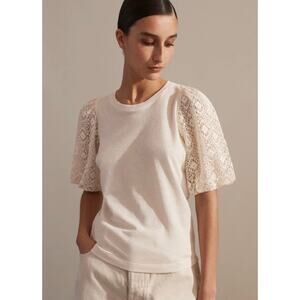 ME+EM Lace Puff Sleeve Cotton Linen Sweater Jumper Top Cream Ecru Size 8